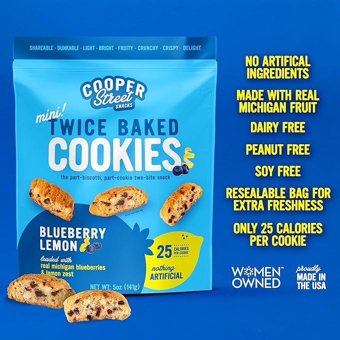 Cooper Street Twice Baked Lemon Blueberry Biscotti Cookies - Light, Crispy Mini Biscotti Cookies Ideal with Coffee - Traditional Low Calorie Italian Snacks - Kosher, Dairy, Peanut & Soy Free (6 Pack)