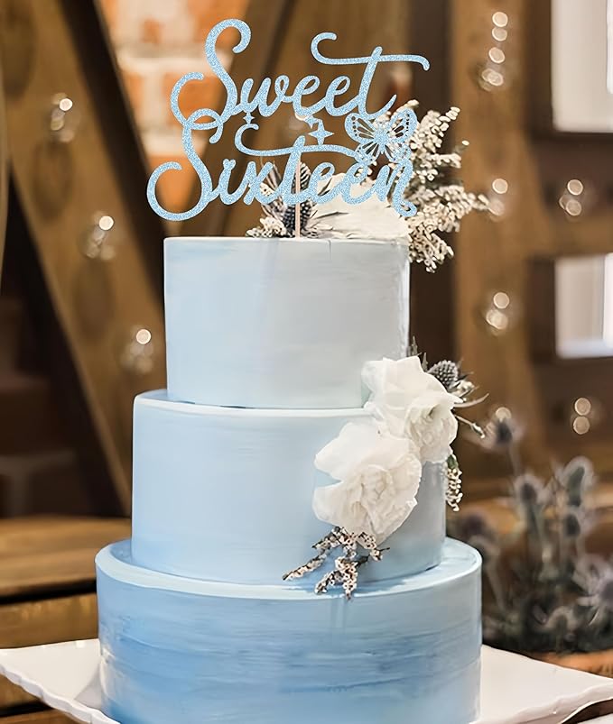 Sweet Sixteen Cake Topper - Blue Glitter Butterfly Theme Sweet 16 Birthday Cake Decorating Supplies for Girls, Sweet 16 Cake Topper for Happy 16th Birthday Anniversary Party Supplies Photo Booth Props