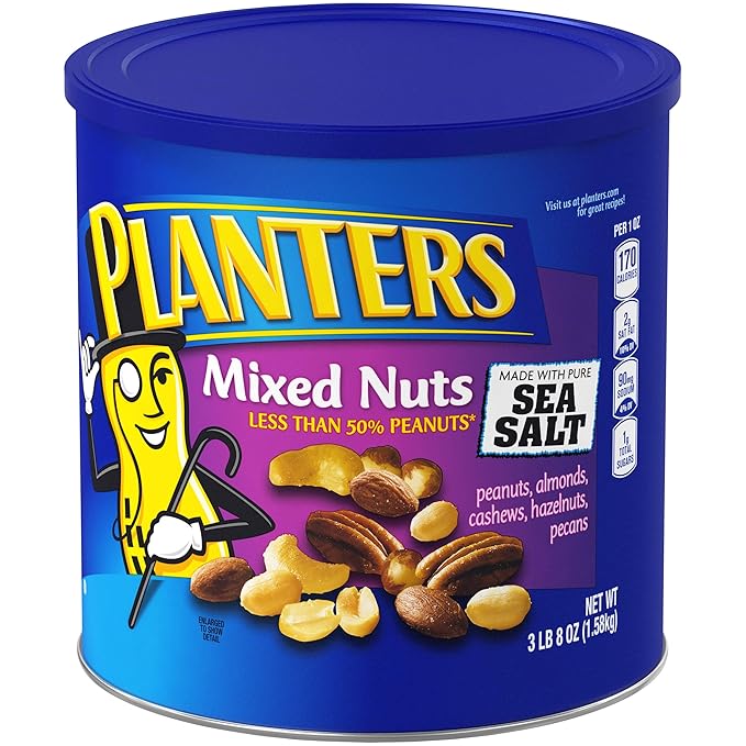 PLANTERS Salted Mixed Nuts, Party Snacks, Plant-Based Protein 56oz (1 Canister) (Pack of 2)