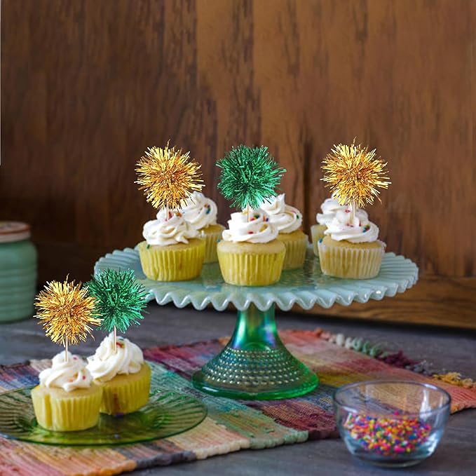 40 PCS Foil Firework Cupcake Toppers Fireworks Cupcake Picks Sparkle Tinsel Cake Decorations Cocktail Fruit Toothpick for Firework Theme Birthday Wedding Graduation Party Decor Supplies Gold Green