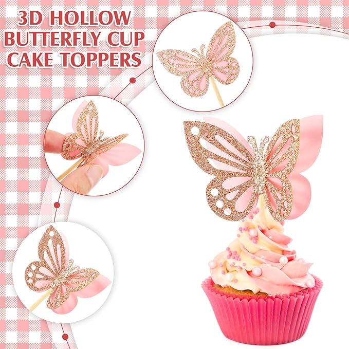 Chinco 48 Pcs Butterfly Cupcake Toppers Assembled Double Layer Cupcake Topper 3D Glitter Cake Topper Butterfly Cocktail Pick Decoration for Baby Shower Birthday Wedding(Pink,Classic Style)