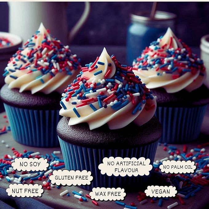 Confect Cake Mate Dessert Sprinkles ??Red, Navy Blue & White Vermicelli Sprinkles ??Edible Toppings for Cake Decorating, Cupcakes, Cookies & Ice Cream | Vegan, Gluten-Free, Soy-Free, Dairy-Free, Palm Oil-Free- 4.2 Oz