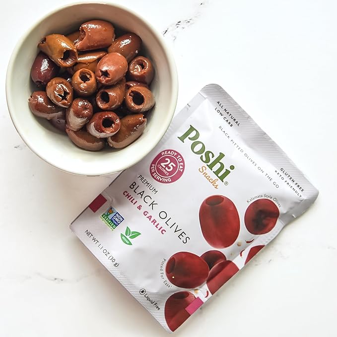 Poshi Marinated Kalamata Style Pitted Olives | Chili & Garlic | Vegan, Kosher, Gluten Free + Keto Friendly, Fresh, All Natural Low Calorie Healthy Snacks | (30 Pack, 1.1oz Bags)