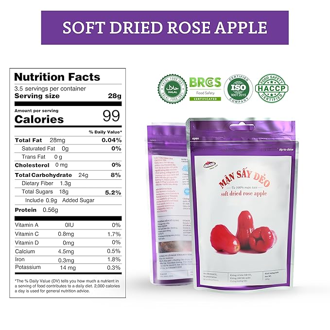 Vinamit Soft Dried Rose-Apple | Dried Plums 3.5 oz Bag | Tropical Fruit Snack | Vegan, Gluten-Free | High in Fiber, Non-GMO, Ideal for Healthy Snacking