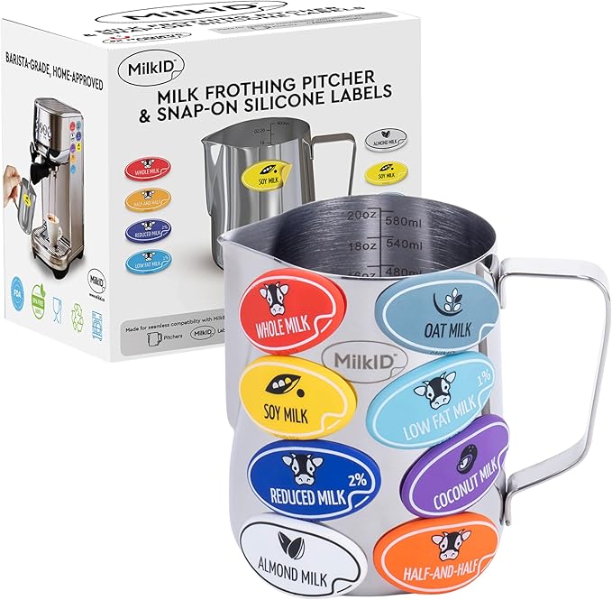 Milk Frothing Pitcher with 8 Allergen Silicone Snap-On Labels | Must-Have Barista Tool | Coffee Bar Accessories & Espresso Accessories Kit | (20oz / Pitcher + Labels)