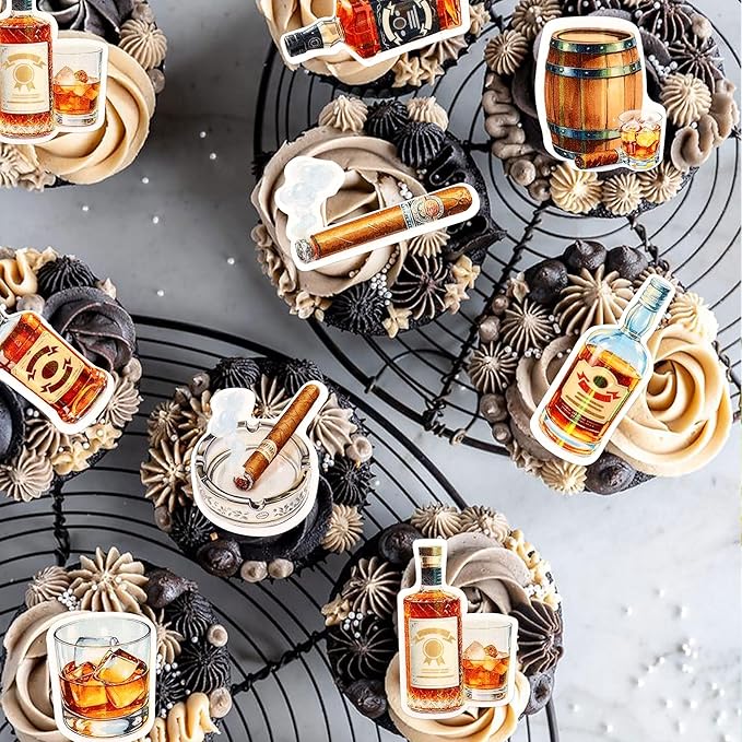 40pcs Edible Whiskey Cupcake Toppers Whiskey Man Happy Birthday Decorations Oktoberfest Festival Theme Decorations Supplies
