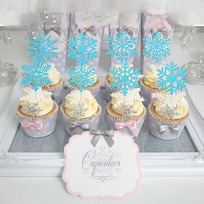 36 PCS Snowflake Cupcake Toppers Glitter Winter Frozen Theme Snowflake Cupcake Picks Winter Wonderland Cake Decorations for Baby Shower Kids Birthday Christmas Party Supplies Blue