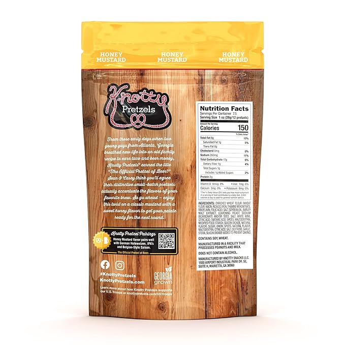 Knotty Pretzels - "The Official Pretzel of Beer" 7.5 Ounce Individual Seasoned Pretzel in Resealable Snack Bags - Honey Mustard (6 Pack)