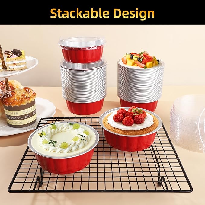 Beasea Disposable Ramekins for Baking, 120 Pack 8 oz 4 Inch with Lids Mini Red Foil Creme Brulee Aluminum Baking Cups Small Round Cupcake Tart Pie Tins Pans Individual Containers Oven Safe