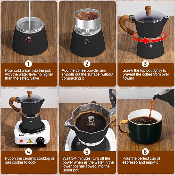 2-in-1 Moka Pot Espresso Set with Electric Stove 3 Cup Aluminum Stovetop Coffee Maker Percolator Italian Classic Mocha Coffee Machine for Italian and Cuban Cafe Brewing Portable Camping Black