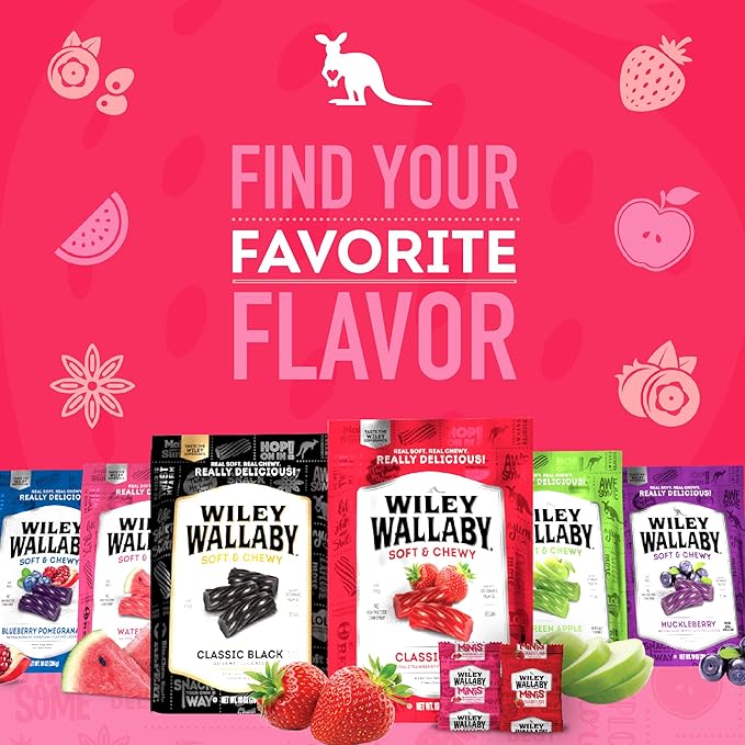 Wiley Wallaby Mini Licorice Bites 0.5 Ounce Classic Gourmet Soft & Chewy Australian Watermelon Licorice Candy Bags, 80 Pack