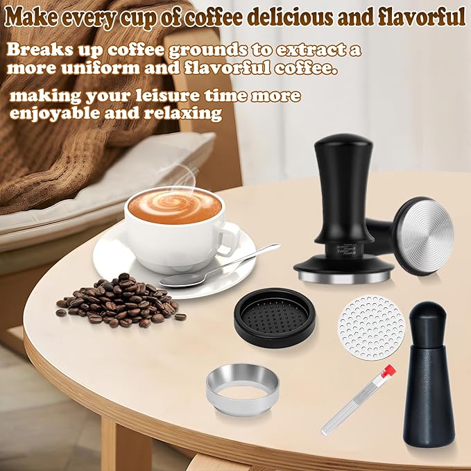 58mm Espresso Accessories Kit, Spring Loaded Calibrated Espresso Tamper, Wdt Tool Espresso and Silicone Tamper Mat,Dosing Funnel, Coffee Puck Screen and 12 Replacement Needles Fit 58mm Portafilters