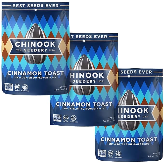 Chinook Seedery Roasted Jumbo Sunflower Seeds - Keto Snacks - Best For Snack Packs - Gluten Free, Non GMO Snack Food Gifts - 4 ounce (Pack of 3) - Cinnamon Toast Flavor