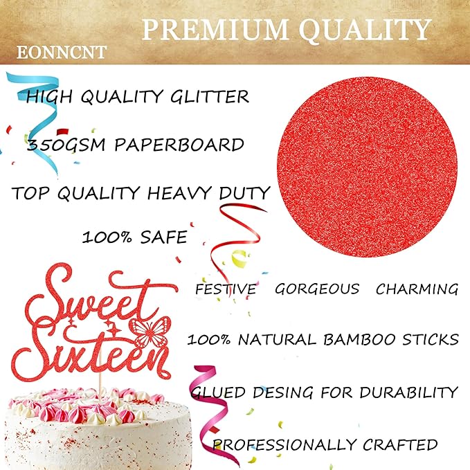Sweet Sixteen Cake Topper - Red Glitter Butterfly Theme Sweet 16 Birthday Cake Decorating Supplies for Girls, Sweet 16 Cake Topper for Happy 16th Birthday Anniversary Party Supplies Photo Booth Props