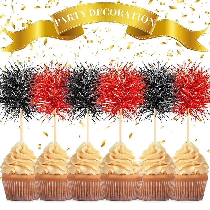 Chinco 100 Pcs Foil Firework Cupcake Toppers Sparkle Tinsel Cake Toppers Cake Decoration Cocktail Fruit Toothpick for Birthday Wedding Graduation Party(Red, Black)