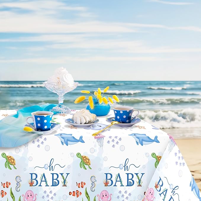 Ocean Party Tablecloths - 3Pcs Watercolor Ocean Animal Birthday Table Covers, Under the Sea Themed Party Decorations Plastic Disposable Rectangular Table Cloth Decor for Kids Birthday Baby Shower