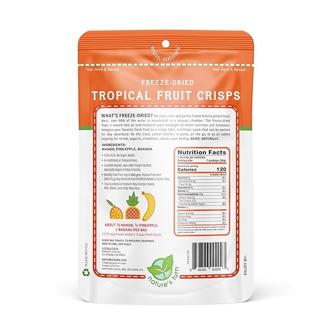 Nature's Turn Freeze-Dried Fruit Snacks, Tropical Crisps, Pack of 6 (1.2 oz Each)