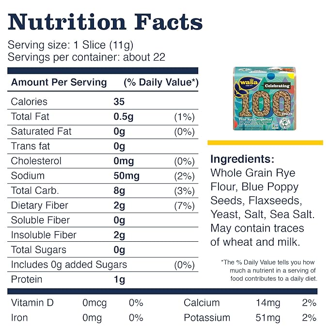 WASA Thin Rye Swedish Crispbread, 8.6 oz, Non-GMO Project Verified Rye Crackers, No Saturated Fat (0.5g Total Fat), 0g of Trans Fat, No Cholesterol, 100% Whole Grain (Pack of 12)