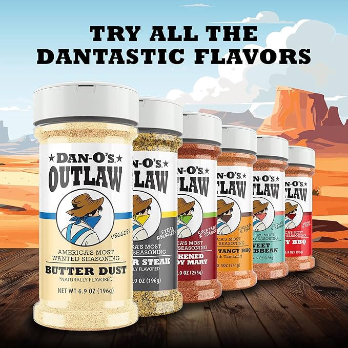 Dan-O's Outlaws Butter Dust Seasoning, 6.9 oz Bottle, Buttery All Purpose Seasoning for Chicken, Veggies, Popcorn and More, Sugar Free, Zero Calorie, This Spice Blend Adds Rich Flavor Without the Mess