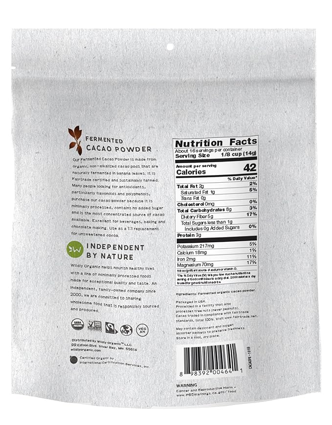 Wildly Organic Fermented Cacao Powder 8 Oz Bag - Organic, Non-Alkalized, Minimally Processed, Raw, Fair Trade, Non-GMO, Kosher, Vegan, Premium Rich Chocolate Flavor | Perfect for Skin, Smoothies, Yogurt, Oatmeal, Chocolate, Fudge, Baking, & Hot Cocoa