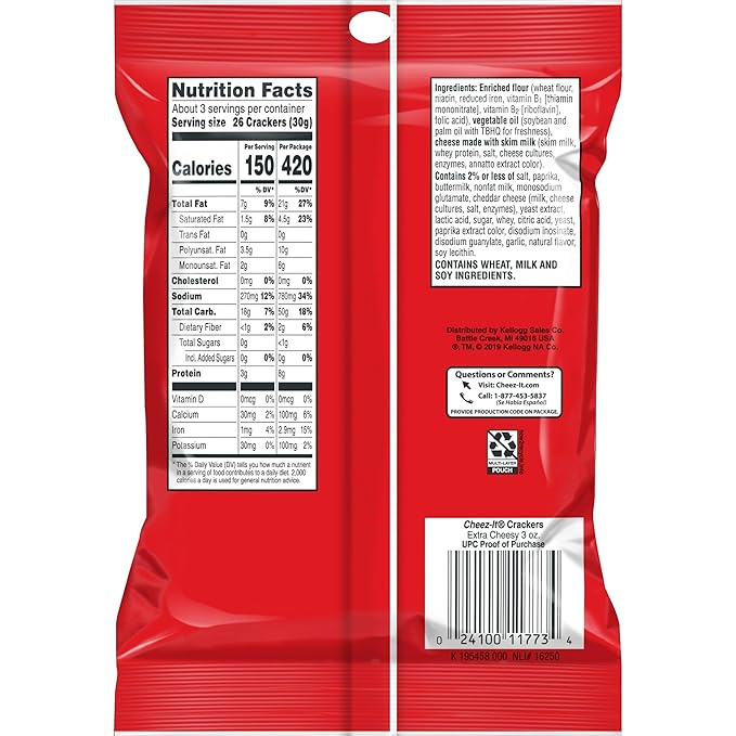 Cheez-It Cheese Crackers, Baked Snack Crackers, Lunch Snacks, Grab n' Go, Extra Cheesy, 6.75lb Case (36 Pouches)