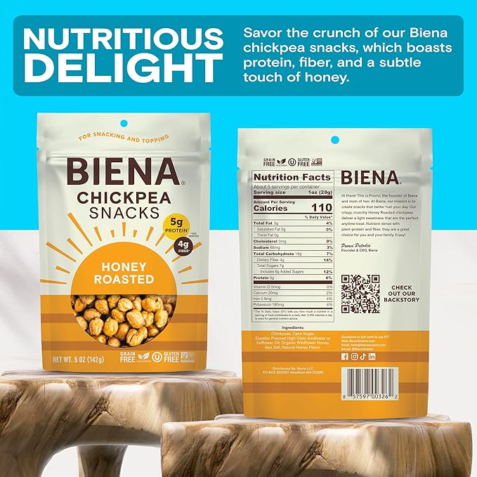 BIENA Chickpea Snacks - Crunchy Roasted Chickpeas - High Fiber Protein Snacks for Adults and Kids - 8-Pack, 5 Ounce Bags - Honey Roasted
