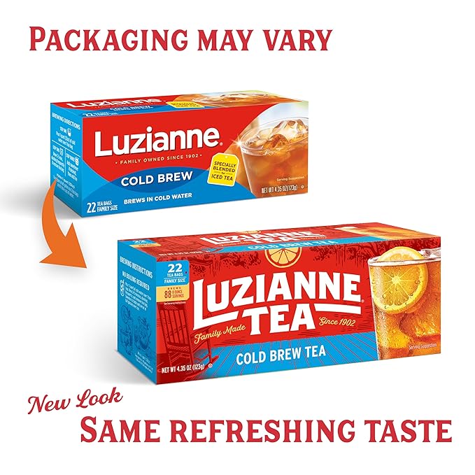 Luzianne Unsweetened Cold Brew Black Iced Tea Bags, Family Size, 22ct Box (Pack of 6)