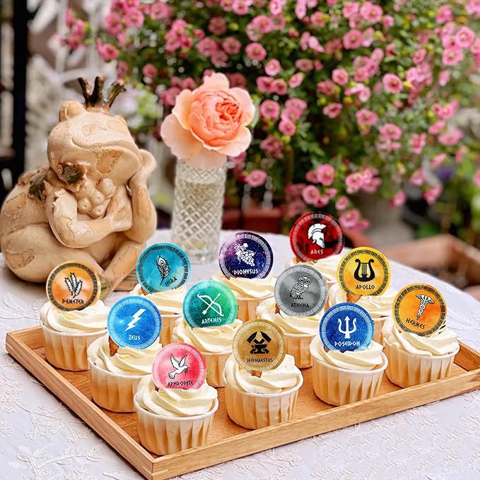 48 Pcs Edible Greek Mythology Cupcake Toppers Wafer Paper Greek Mythology Party Decorations Fit for Drink Topper Greek Gods Birthday, Ancient Greek Party Decor, Percy Jackson Birthday Party Decor