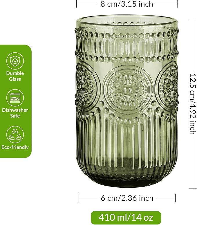 Joeyan Vintage Green Drinking Glasses Set of 4,14 oz Embossed Sunflower Beaded Highball Glass Water Tumbler Cups,Colored Romantic Glassware for Beverages Cocktail Juice Wine,Dishwasher Safe