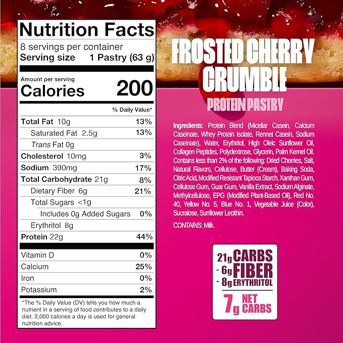 Legendary Foods 22g Protein Pastry+ Cherry, Low Carb Meal Replacement Bar - Low Glycemic, Gluten Free Protien Snacks - Healthy Keto Snack Box 8 Zero Sugar Energy Bars - Bariatric Diabetic Friendly