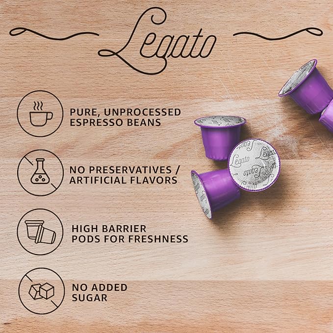 Legato Espresso Capsules - 10/100 count - Single-Serve Coffee Pods - Compatible with Nespresso OriginalLine Machine - Cafe-style Coffee at Home (10, Decafe Strength 2)