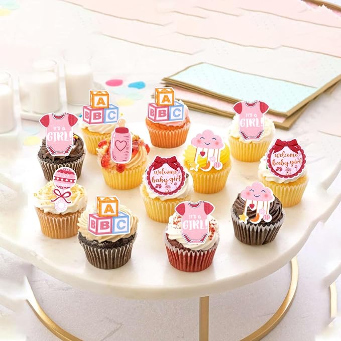 60 PCS Edible Oh Baby Cupcake Toppers Pacifier Cloud Moon Star Welcome Baby Girl Cupcake Picks Edible Baby Shower It's a Girl Cake Decorations for Baby Shower Girls Birthday Party Supplies Pink