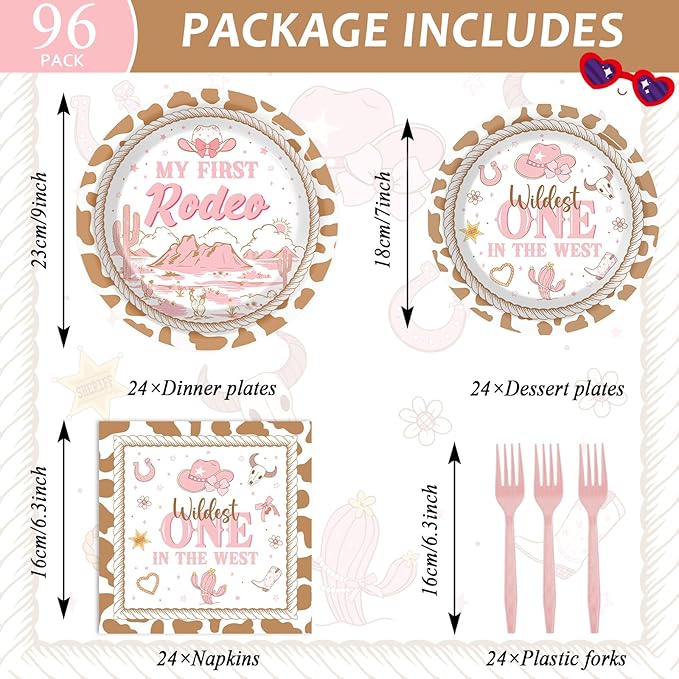 96Pcs My First Rodeo Birthday Plates and Napkins Western Cowgirl 1st Birthday Party Decorations Wild West One Dessert Disposable Paper Plates Pink Tableware Set for 24 Guests Kids Girls Party Supplies