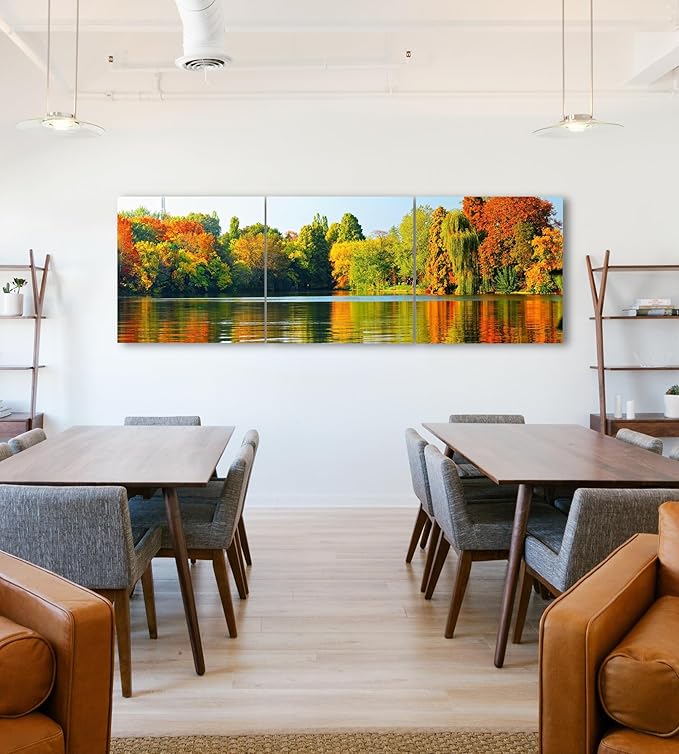 Fall Forest Lake Landscape Canvas Wall Art Decor - 24x24 3 Piece Set (Total 24x72 inch) - Large Decorative & Modern Multi Panel Split Prints for Dining & Living Room, Kitchen, Bedroom & Office