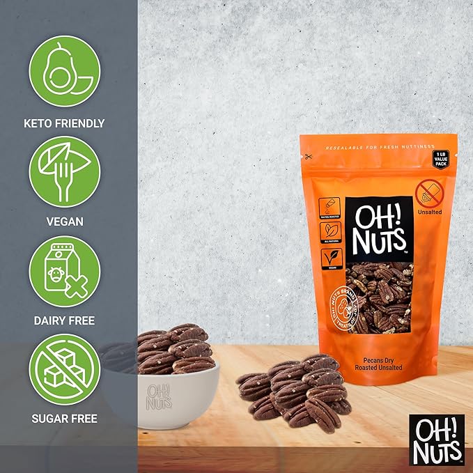 Oh! Nuts Pecans Dry Roasted Unsalted - Kosher, Oil-Free, All Natural Pecans - For Baking, Snacks, Salad, Dressing - Packed in 1 LB Resealable Bulk Bag
