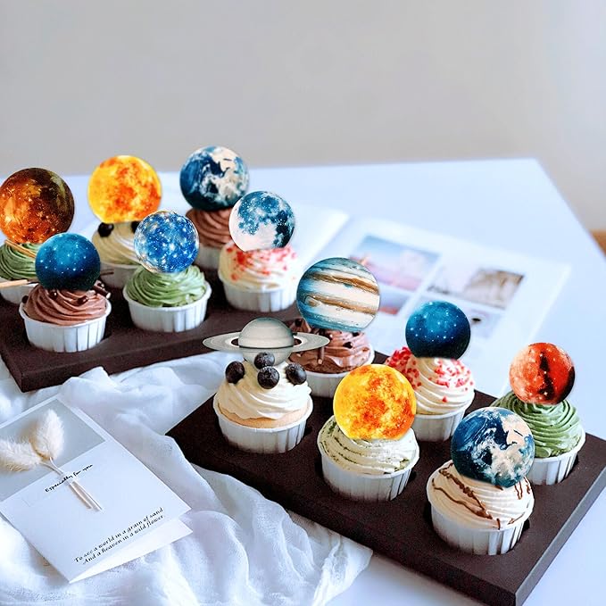 54 Pcs Edible Outer Space Cupcake Toppers Wafer Paper Solar System Galaxy Universe Planets Cupcake Picks for Drink Topper Baby Shower Boys Girls Birthday Outer Space Themed Party Cake Decorations
