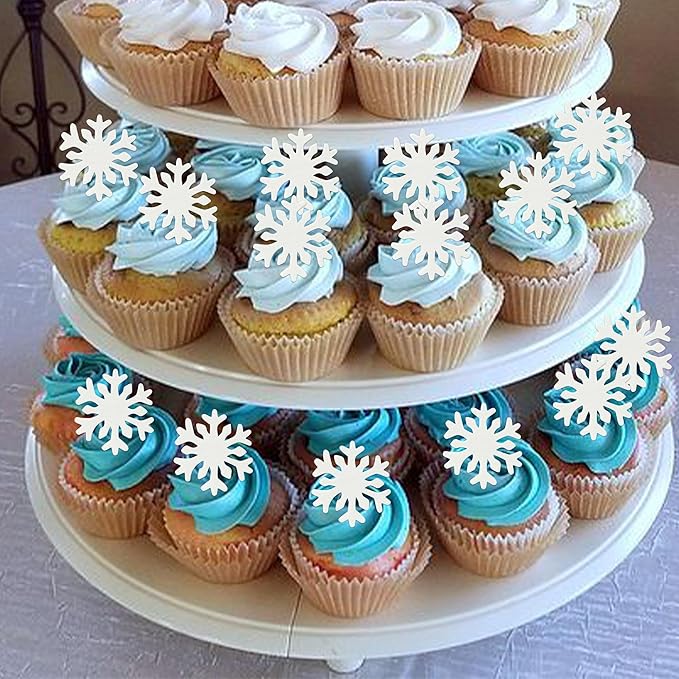 50 PCS White Edible Snowflake Cupcake Toppers Wafer Paper Snowflake Frozen Cupcake Picks Edible Frozen Cake Toppers for Christmas Winter Frozen Theme Baby Shower Birthday Party Decorations Supplies