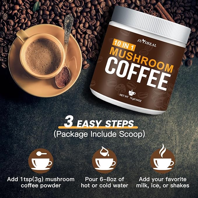 JUYIHEAL Mushroom Coffee, 10 in1 Mushroom Powder Coffee with Lions Mane, Chaga, Reishi, Cordyceps, Maitake, Shiitake, and Turkey Tail for Energy, Focus, Immune Support, 72g