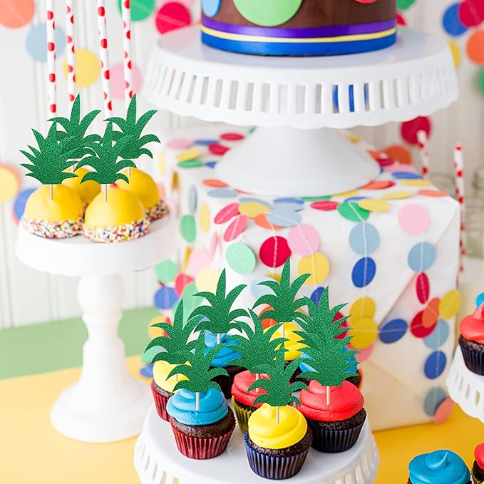 Rsstarxi 30 Pack Pineapple Cupcake Toppers Glitter Hawaiian Luau Cake Decorations Donut Pineapple Leaf Cupcake Picks for Tropical Aloha Baby Shower Kids Birthday Party