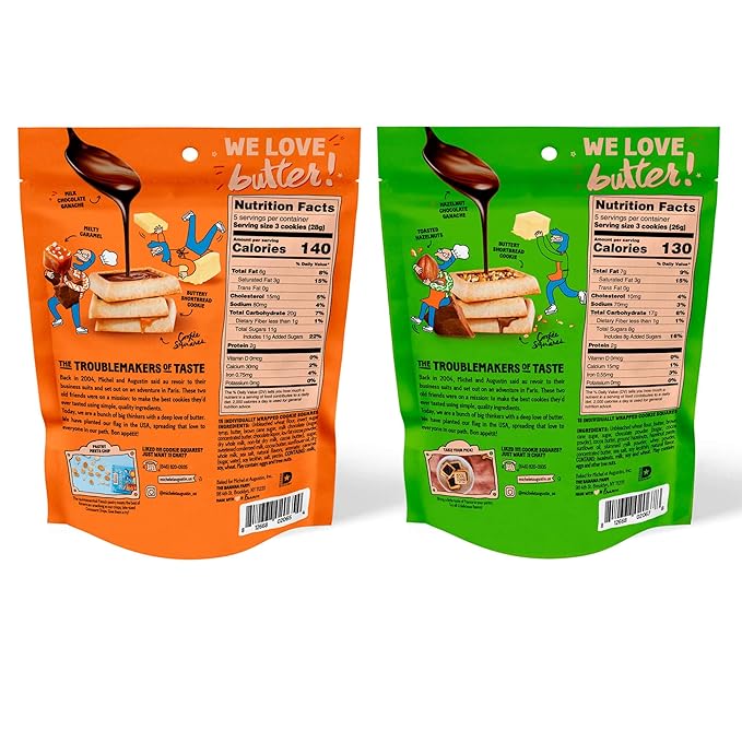 Michel et Augustin Cookie Bag Variety Pack 2 Flavor ??Milk Chocolate & Caramel + Milk Chocolate & Hazelnut, 15 Cookies per Bag
