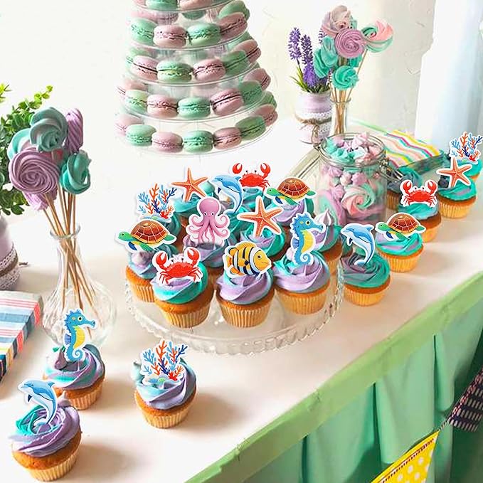 40 Pcs Edible Ocean Cupcake Toppers Ocean Theme Party Decorations Sea Animals Weaweed Party Cake Picks for Kids Under the Sea Baby Shower Birthday Party Supplies