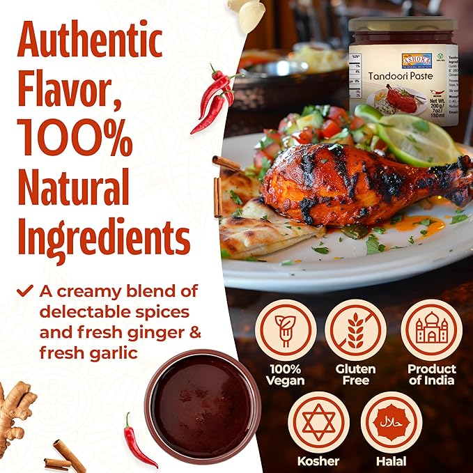 Ashoka Authentic Indian Tandoori Paste | Vegan | Kosher | Gluten-Free | Great for Chicken Tikka, Cheese Tikka, BBQ | Easy-to -Use Cooking Spice Paste | Since 1932 | 200 Grams (Pack of 4)