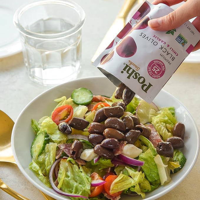 Poshi Marinated Kalamata Style Pitted Olives | Chili & Garlic | Vegan, Kosher, Gluten Free + Keto Friendly, Fresh, All Natural Low Calorie Healthy Snacks | (30 Pack, 1.1oz Bags)
