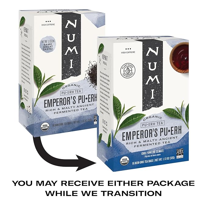 Numi Organic Emperor's Pu-erh Tea, 16 Tea Bags, Aged Fermented Yunnan Black Tea, Caffeinated (Packaging May Vary)