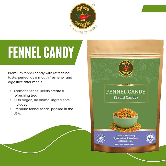 Spice Magic Fennel Candy ??7 oz (200g) | Sweet & Refreshing Mouth Freshener | Traditional Indian Saunf Mukhwas | Digestive Delight (7oz (200g), Fennel Candy)