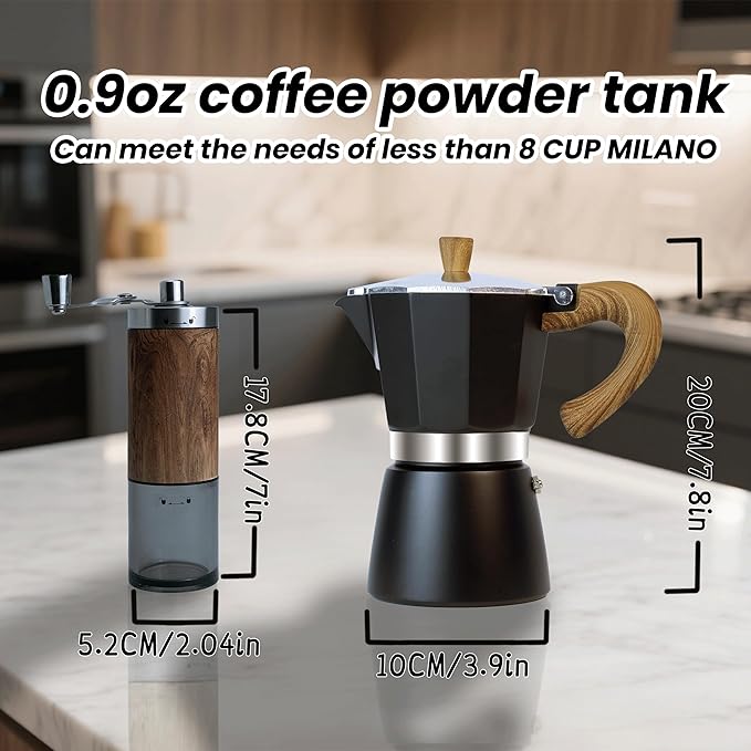 Moka Pot Espresso Coffee Maker and Manual Coffee Bean Grinder, 300ml-6 Cups Espresso Maker, Easy To Use And Clean, Camping Home Use,Suitable For Mocca Puccino Coffee (Black)