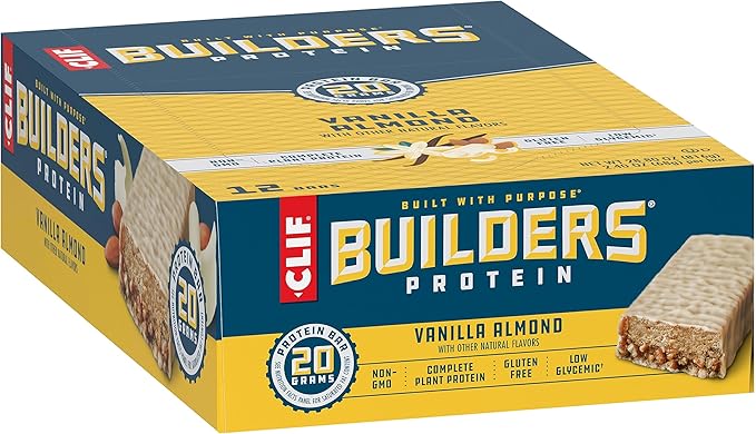 CLIF BUILDERS Protein Bars - Vanilla Almond Flavor - 20g Plant Based Protein - Gluten Free - Non-GMO - Low Glycemic - No Artificial Sweeteners - 2.4 oz. (12 Pack)