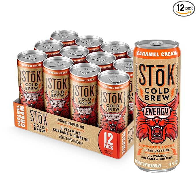 SToK Cold Brew Energy Caramel Cream, Energy Coffee Beverage with 195mg Caffeine to Help Support Focus, Canned Coffee with B-Vitamins, Guarana and Ginseng, 11 fl oz, 12pk