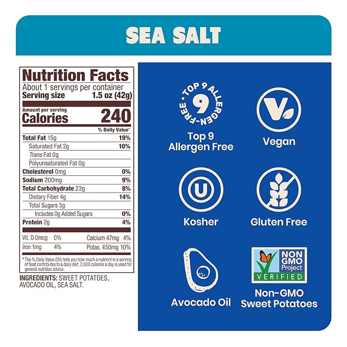 Jackson???Sweet Potato Kettle Chips with Sea Salt made with Premium Avocado Oil (1.5 Ounce, Pack of 28) - Allergen-friendly, Gluten Free, Peanut Free, Vegan, Paleo Friendly - Shark Tank Product