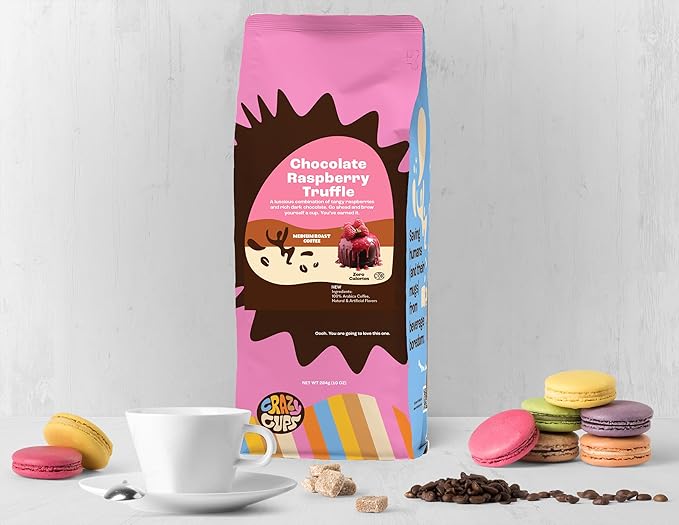 Crazy Cups Flavored Ground Chocolate Coffee, Chocolate Raspberry in 10 oz Bag, For Brewing Flavored Hot or Iced Coffee
